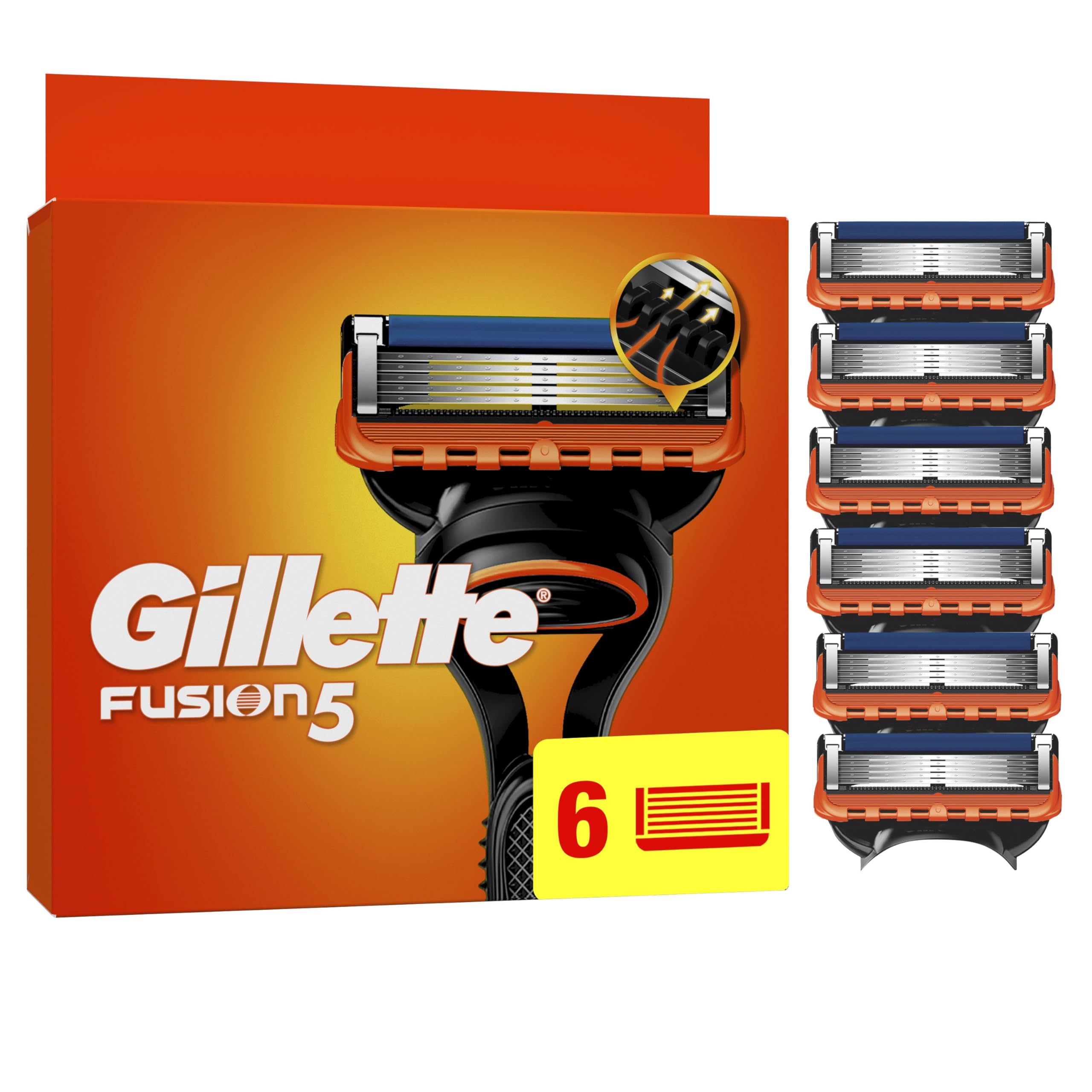 Gillette Rechargements de Rasoir Fusion5 pour Hommes, Pack De 6 - Lubrifiants, 5 Lames Authentiques - Rasage Efficace et