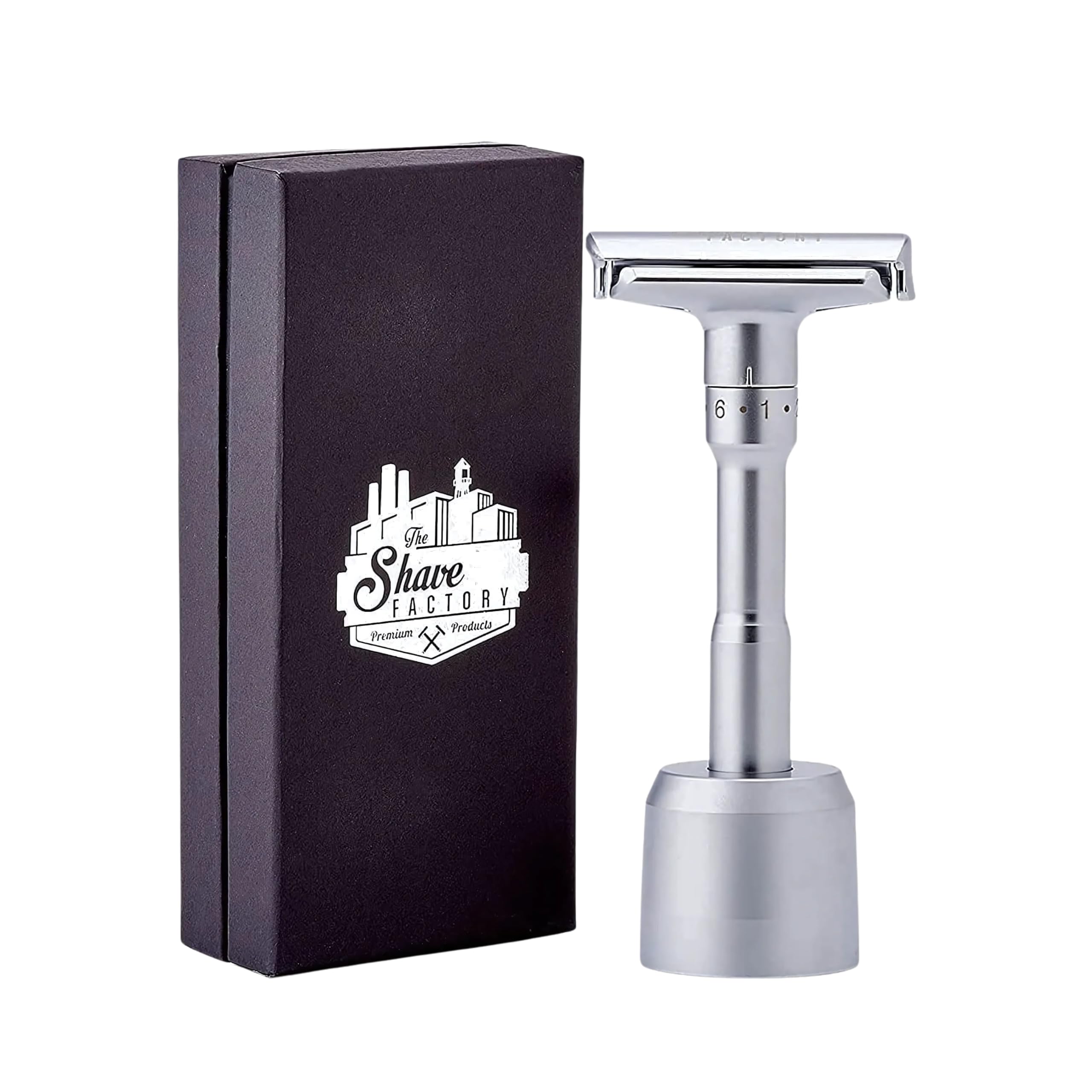 SHAVE FACTORY Rasoir ajustable sécurité + base de stationnement + ergonomique pour hommes + bain de visage + précision s